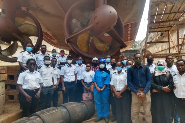 AMP-K Students Members (Marine Cadets from BMA, TUM & JKUAT) with Capt. Suleiman Bakari, Mr. Talib Ibrahim and AMGECO staff, touring a dry-docked vessel at AMGECO shipyard Mombasa