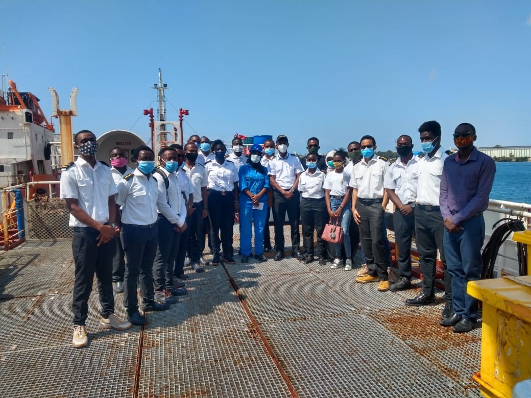 AMP-K Students Members (Marine Cadets from BMA, TUM & JKUAT) on the ship’s main deck aboard MT East Wind II, Port of Mombasa
