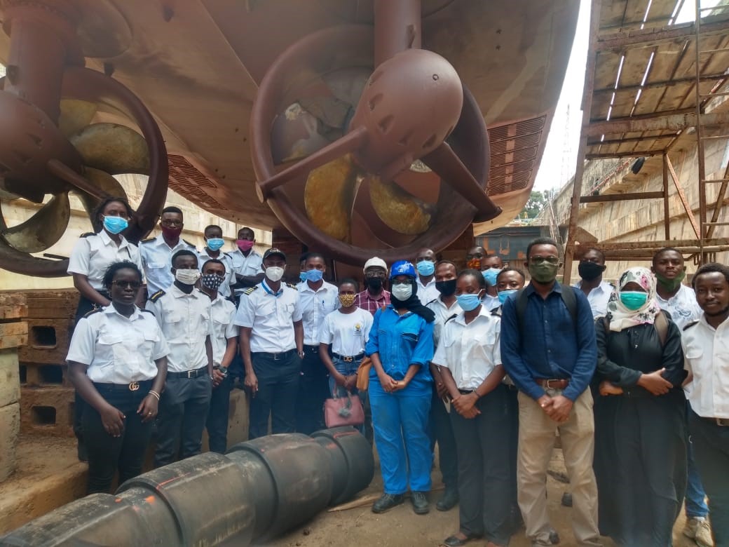 AMP-K Students Members (Marine Cadets from BMA, TUM & JKUAT) with Capt. Suleiman Bakari, Mr. Talib Ibrahim and AMGECO staff, touring a dry-docked vessel at AMGECO shipyard Mombasa